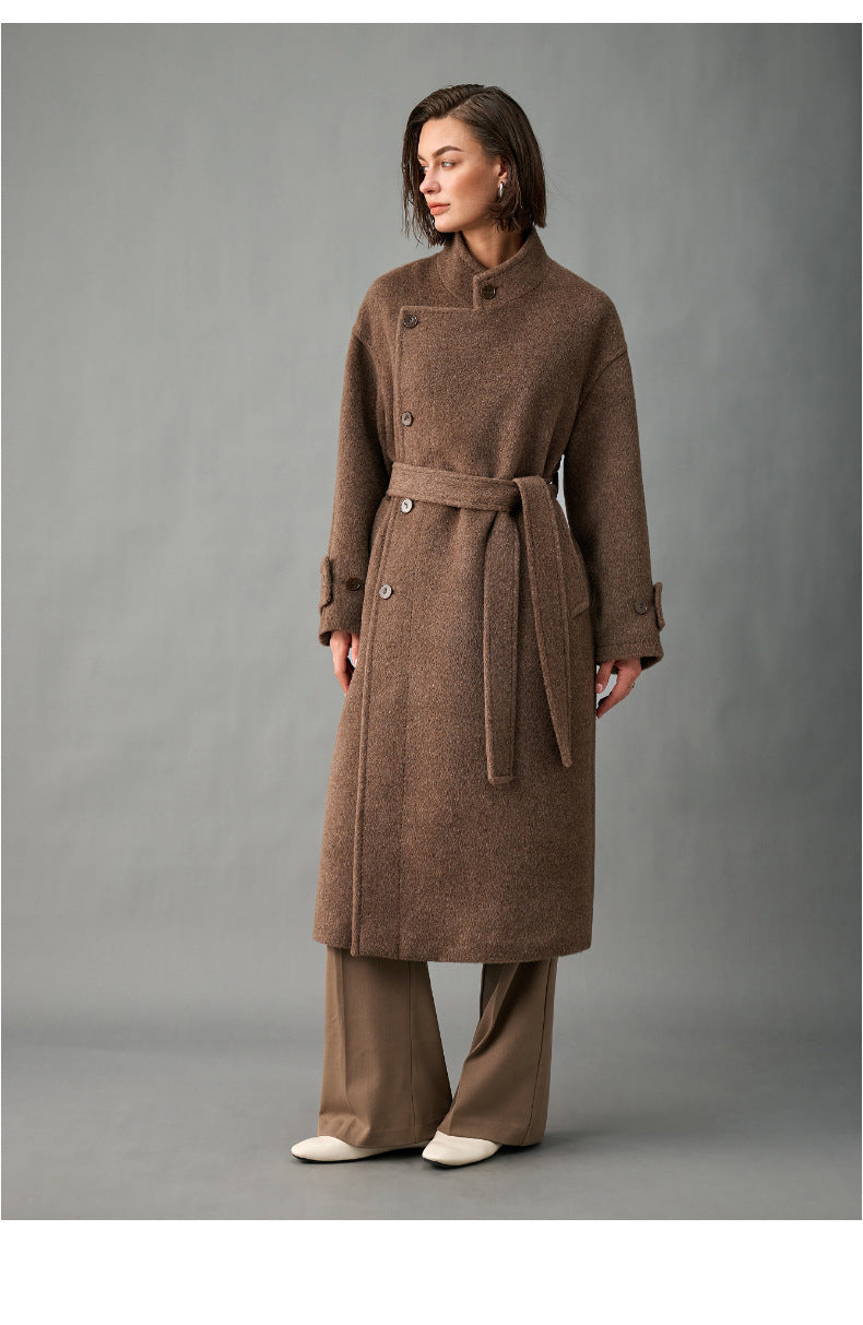 Lined, Thickened, Warm Autumn and Winter New Alpaca Wool Coat for Women with Partial Placket and Tie, Peruvian Alpaca Wool Coat