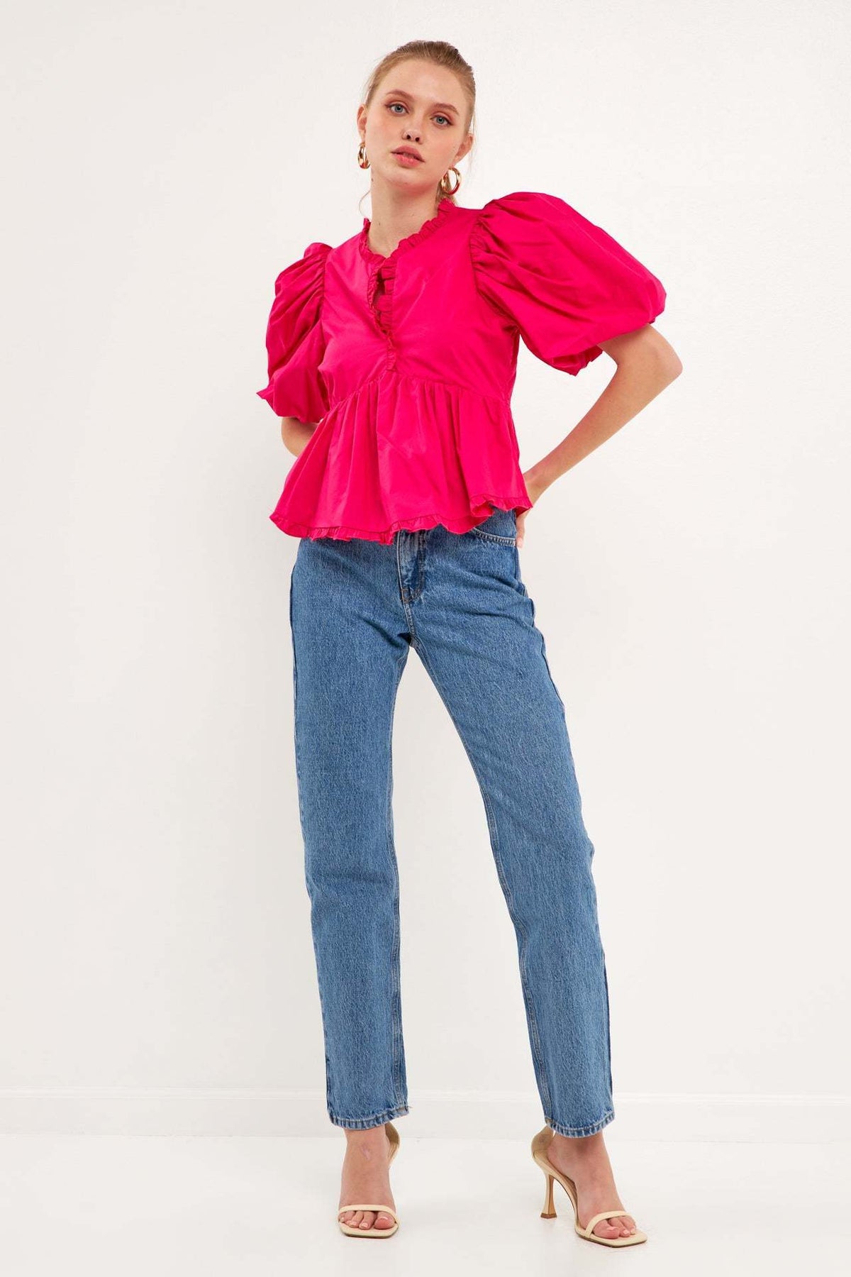 2024 New Summer Dress New Retro Western Style V-Neck Bubble Short Sleeve Shirt