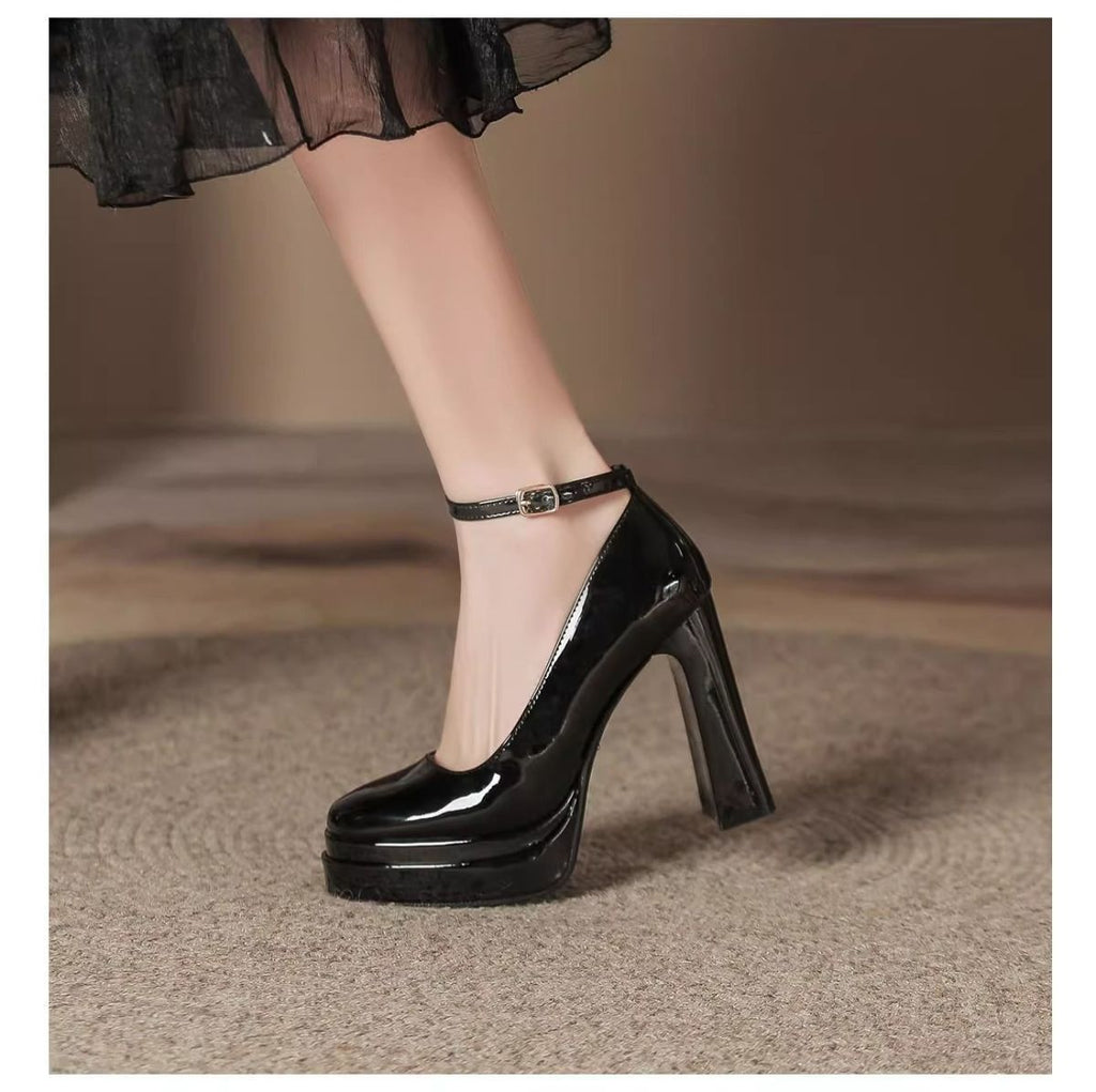 French-Style Mary Jane Thick-Soled Waterproof Platform Shoes for Petite Individuals, Black Single-Strap Ultra-High Heels, 2026 New Model, Patent Leather