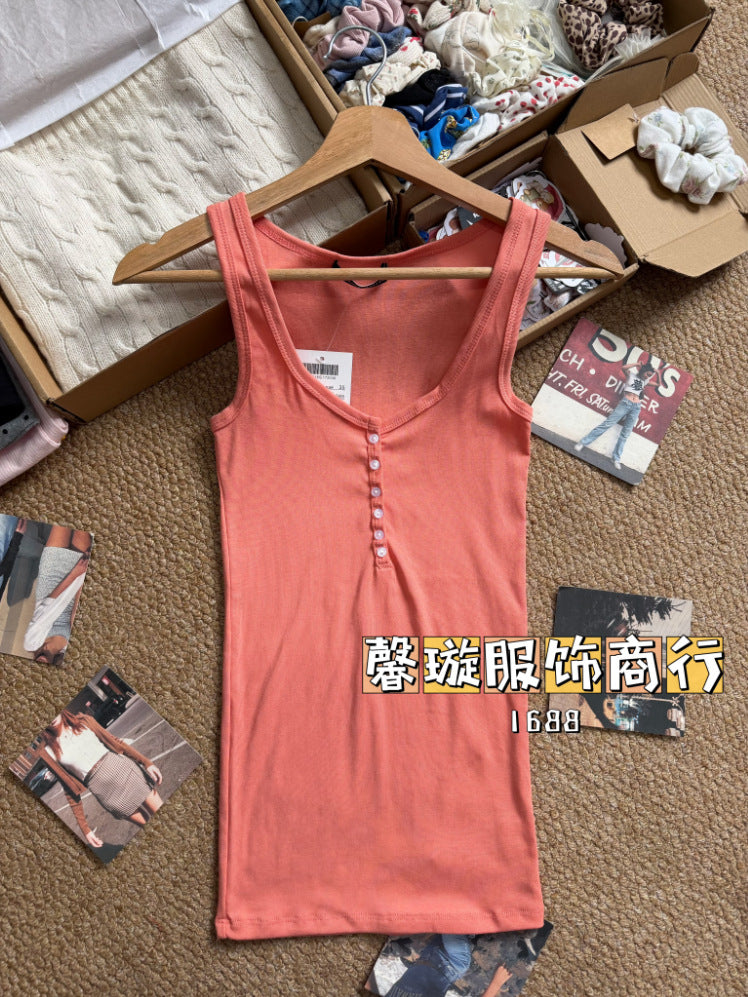 Estilo BM estilo americano gostoso garota fino botão camisola feminina BM uso externo emagrecimento camada de fundo versátil top sem mangas