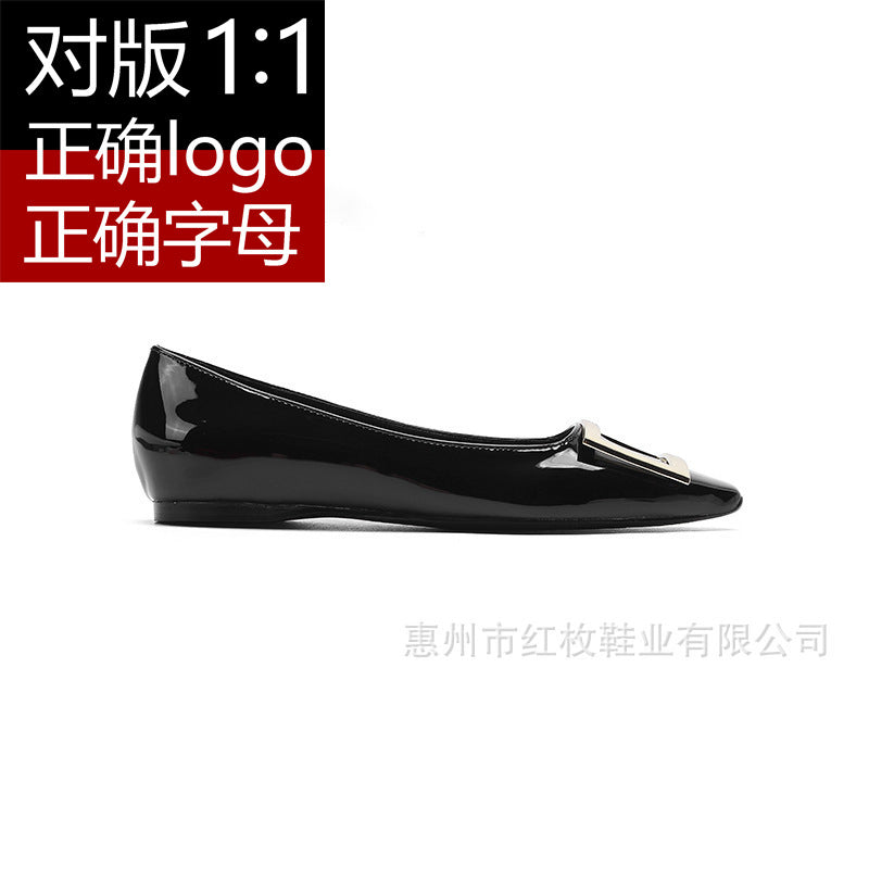 Versão alta ~ fivela quadrada RV sapatos únicos femininos novos sapatos de couro envernizado salto grosso salto médio bico quadrado metal mesmo estilo boca rasa couro genuíno
