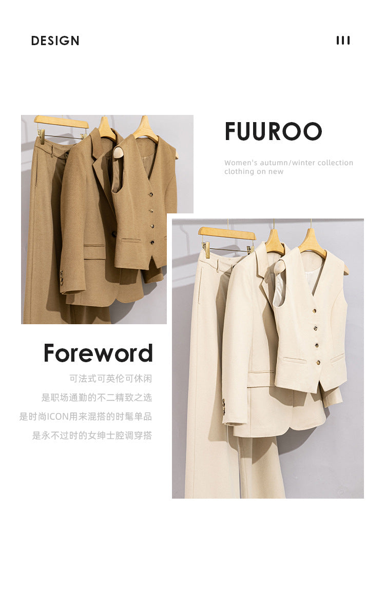 Wool Suit Set for Women, Three-Piece Autumn and Winter Formal Wear, Vest, Straight-Leg Wide-Leg Pants, Small Blazer, Elegant and Stylish