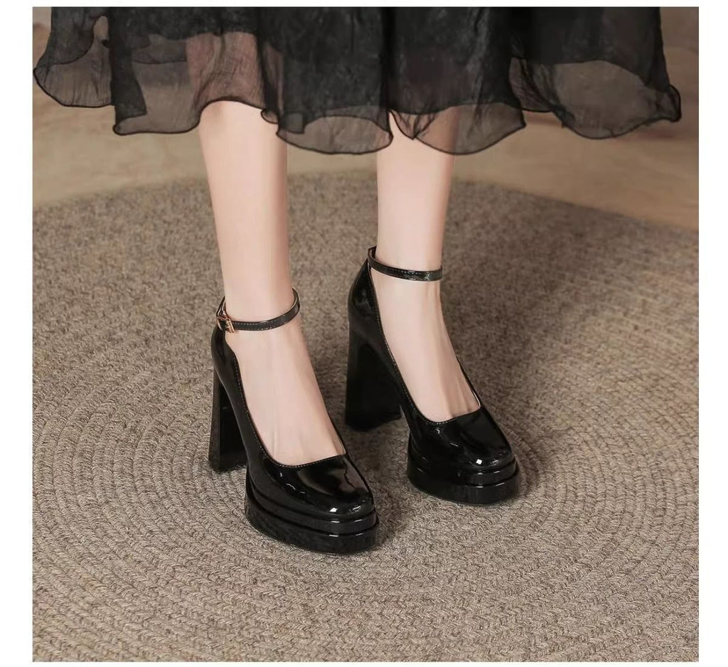 French-Style Mary Jane Thick-Soled Waterproof Platform Shoes for Petite Individuals, Black Single-Strap Ultra-High Heels, 2026 New Model, Patent Leather