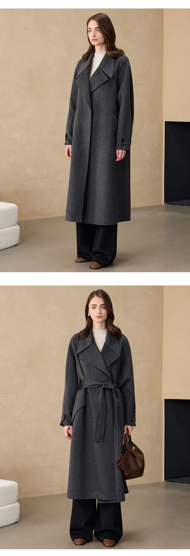 2025 Cashmere Long Coat Woolen Coat Coat Pure Cashmere Coat Double-sided Woolen Lace-up Commuter Coat for Women