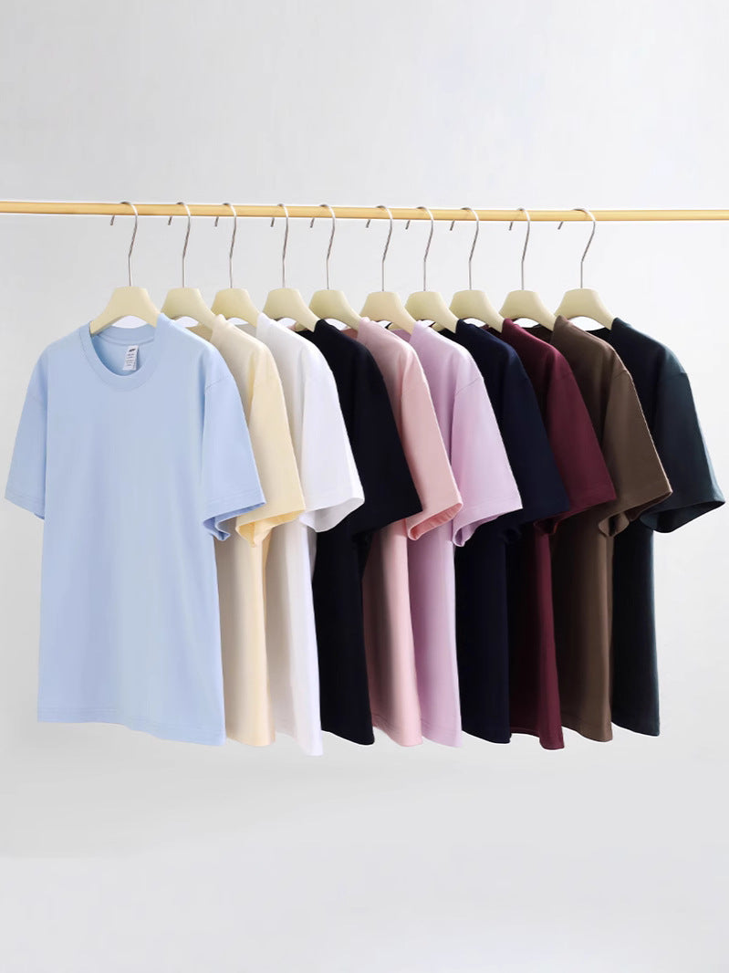 Camiseta japonesa de manga curta de algodão puro pesado 230g para mulheres, versátil, gola redonda, ombro direto, cor sólida, meia manga, atacado, camiseta para homens