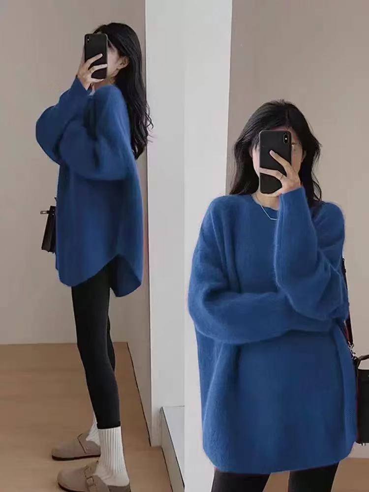 Suéter de malha 2025 outono e inverno novo feminino de comprimento médio solto estilo preguiçoso sofisticado pulôver francês suéter de fundo