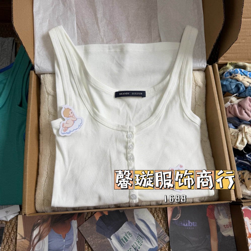 Estilo BM estilo americano gostoso garota fino botão camisola feminina BM uso externo emagrecimento camada de fundo versátil top sem mangas