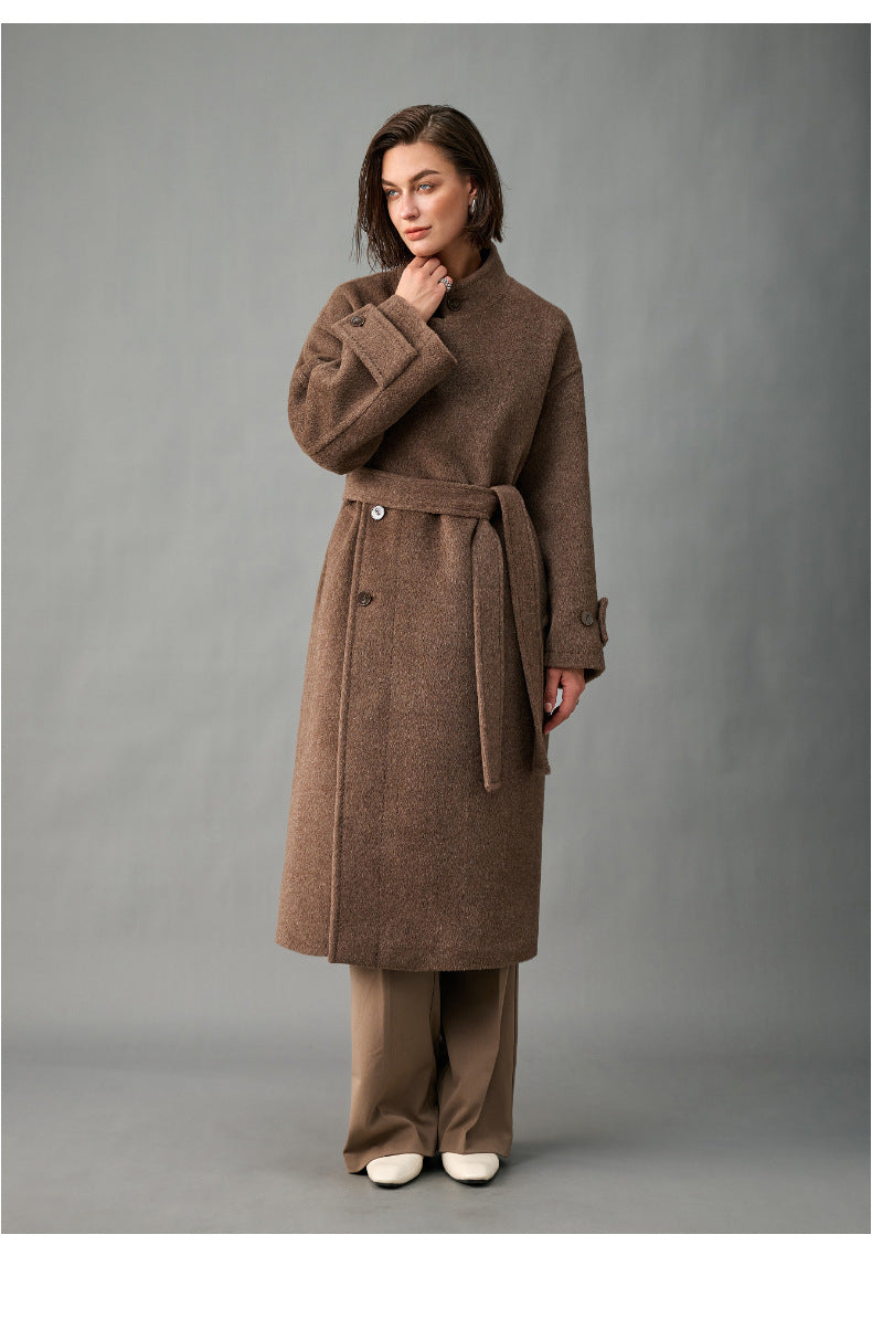 Lined, Thickened, Warm Autumn and Winter New Alpaca Wool Coat for Women with Partial Placket and Tie, Peruvian Alpaca Wool Coat