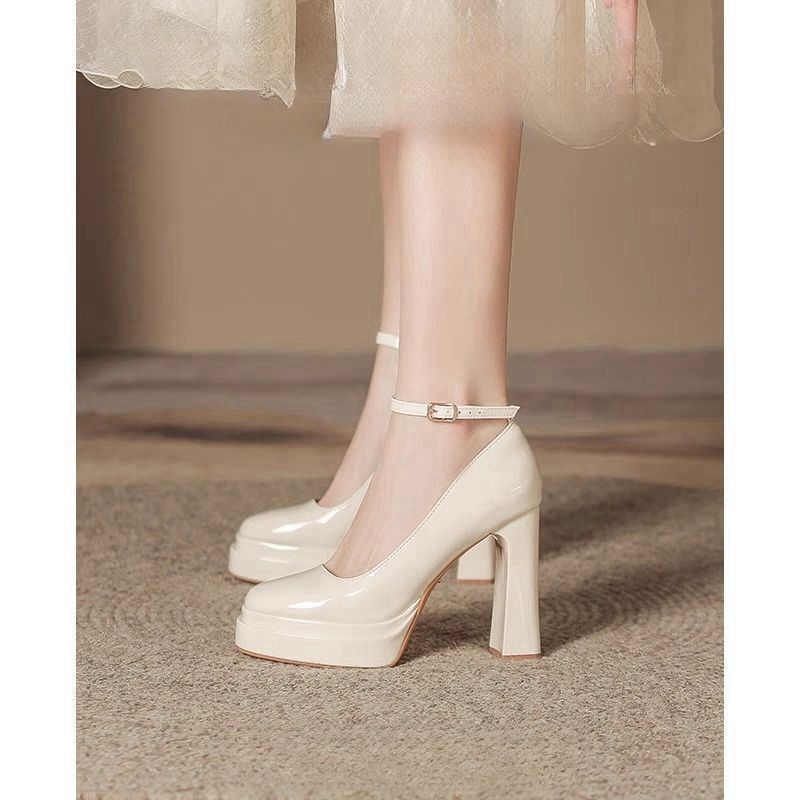 French-Style Mary Jane Thick-Soled Waterproof Platform Shoes for Petite Individuals, Black Single-Strap Ultra-High Heels, 2026 New Model, Patent Leather