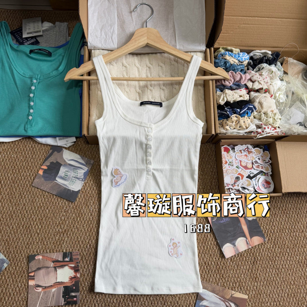 Estilo BM estilo americano gostoso garota fino botão camisola feminina BM uso externo emagrecimento camada de fundo versátil top sem mangas