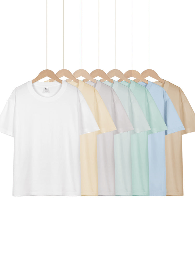 Camiseta japonesa de manga curta de algodão puro pesado 230g para mulheres, versátil, gola redonda, ombro direto, cor sólida, meia manga, atacado, camiseta para homens