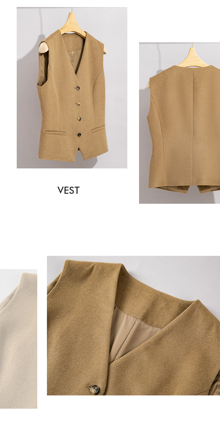 Wool Suit Set for Women, Three-Piece Autumn and Winter Formal Wear, Vest, Straight-Leg Wide-Leg Pants, Small Blazer, Elegant and Stylish
